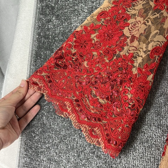 Dress The Population 3/4 Long Sleeve Above Knee Mini Dress Tan Red Lace Womens M - Picture 5 of 12